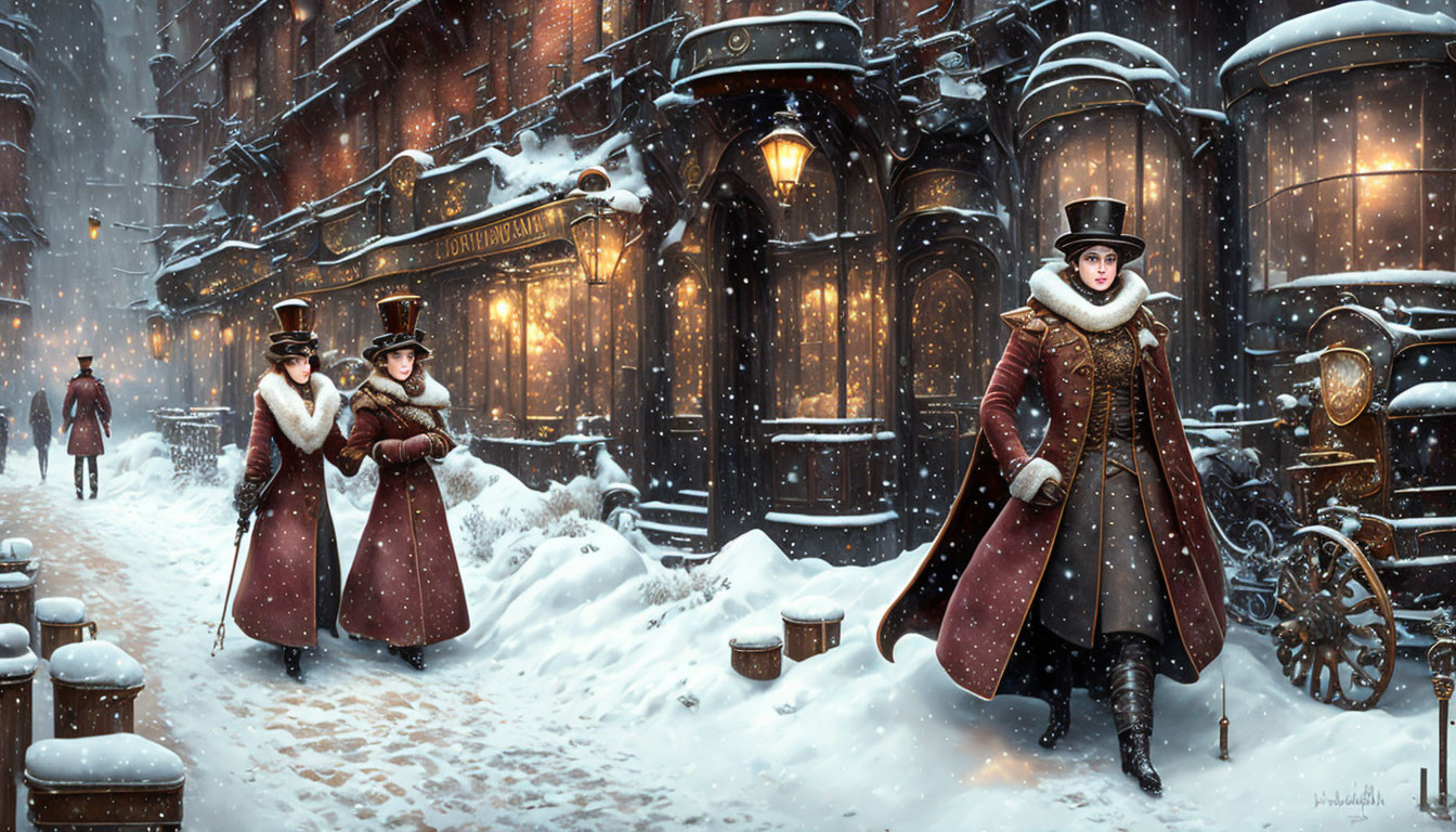 Victorian snow-covered street with period attire and glowing streetlamps.