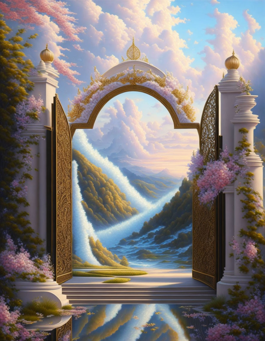 Ornate open gate to lush green hills and pink skies