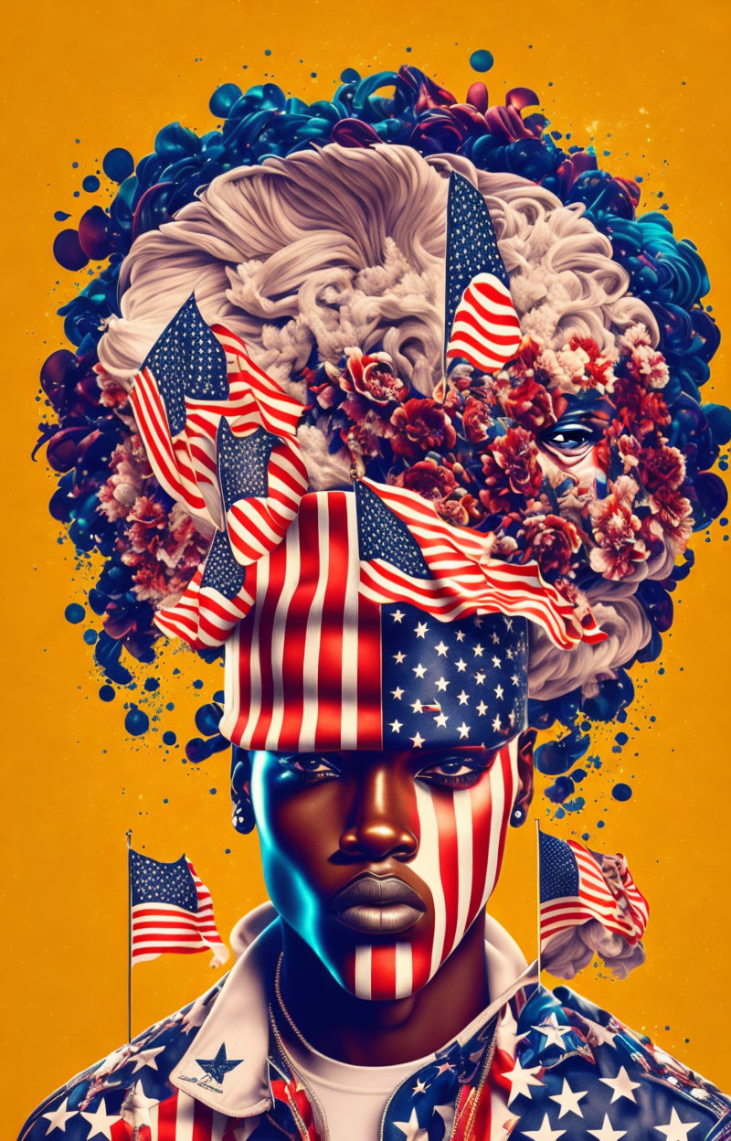 Colorful digital artwork: person with American flag motifs surrounded by vibrant floral elements