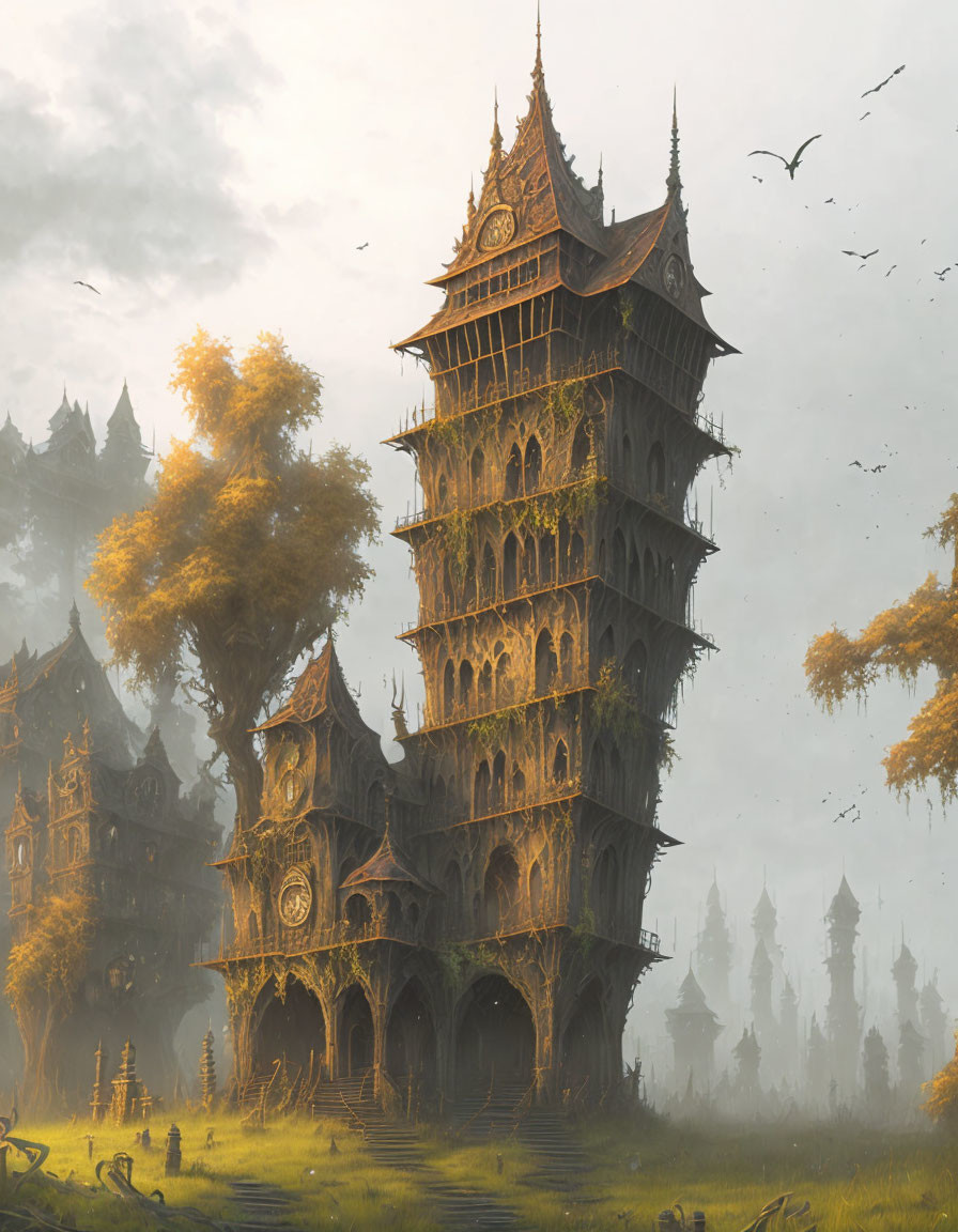 Gothic tower in misty forest with flying birds and grazing deer