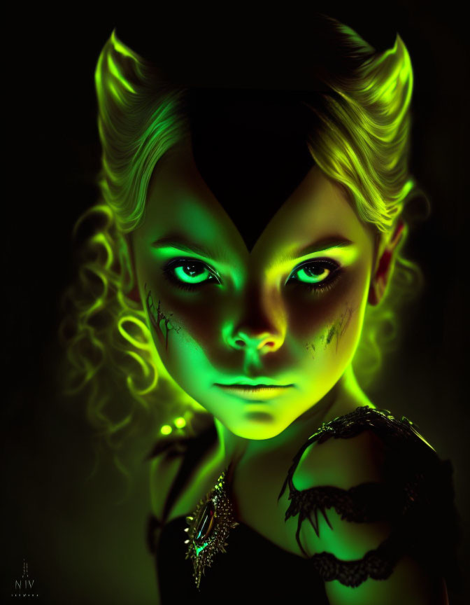 Mystical girl with glowing green eyes and neon highlights