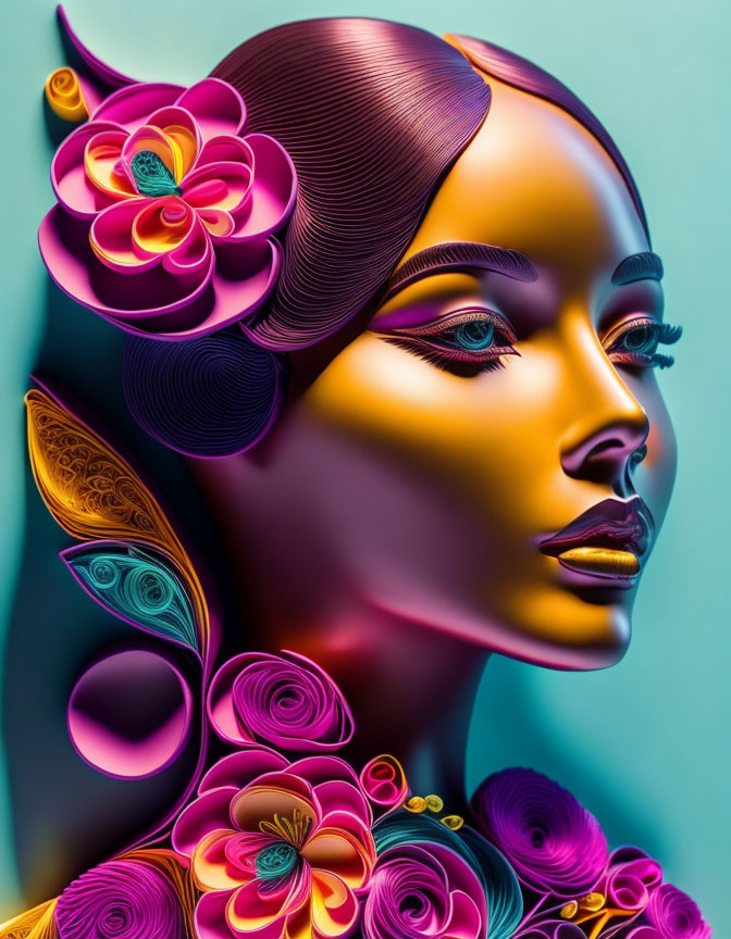 Colorful woman portrait with flower patterns and vibrant makeup on teal background