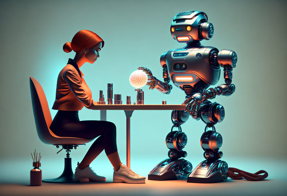 Woman receiving nail polish from a robot at a table with cosmetics