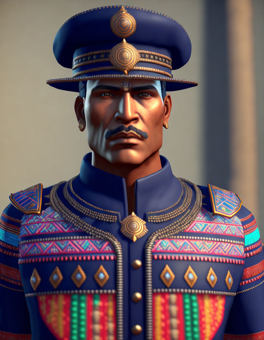 Stoic male figure in vibrant military uniform with intricate patterns