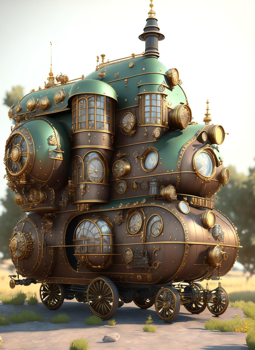 Steampunk-style locomotive with ornate detailing and copper accents in outdoor setting