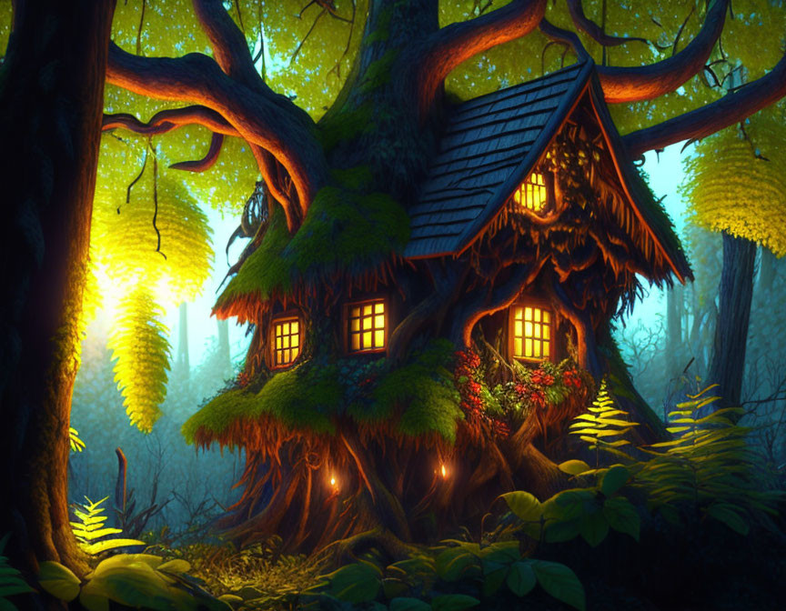 Enchanting Treehouse in Mystical Forest with Warm Glowing Lights