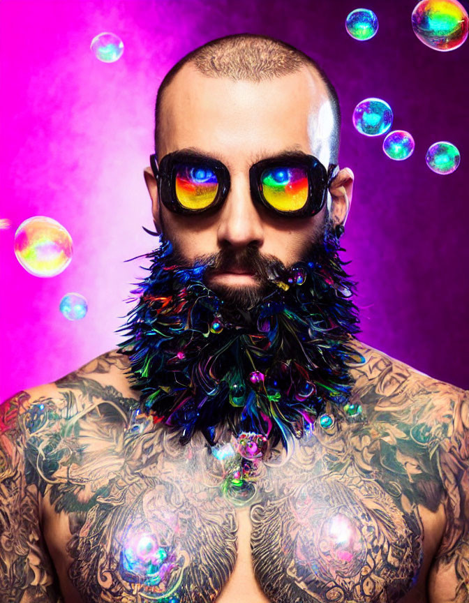 Colorful Sunglasses and Feather Beard: Bearded Figure with Tattoos Amid Soap Bubbles