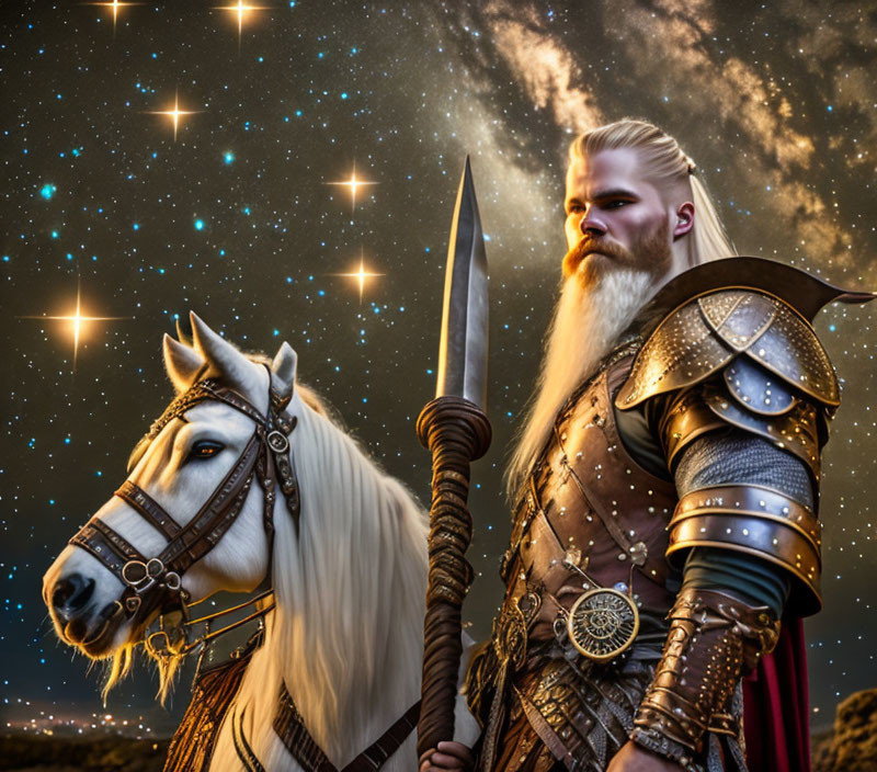 Bearded warrior in armor with spear beside white horse under starry sky