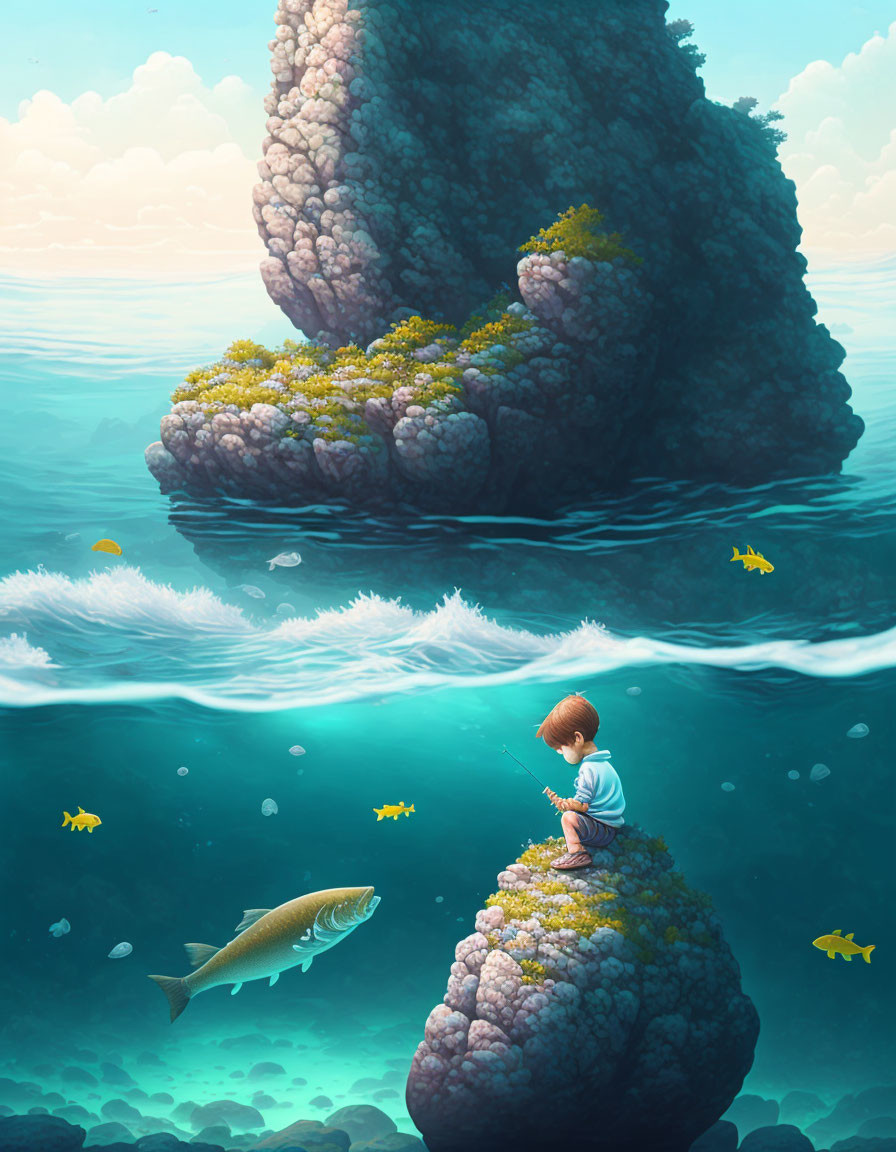 Child sitting on flower-covered stone pillar above water, gazing at fish in serene scene