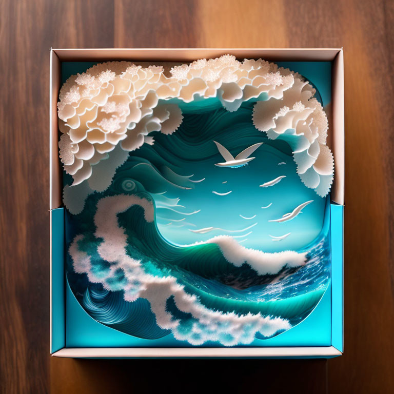 Detailed 3D paper art of ocean wave with flying bird in open box