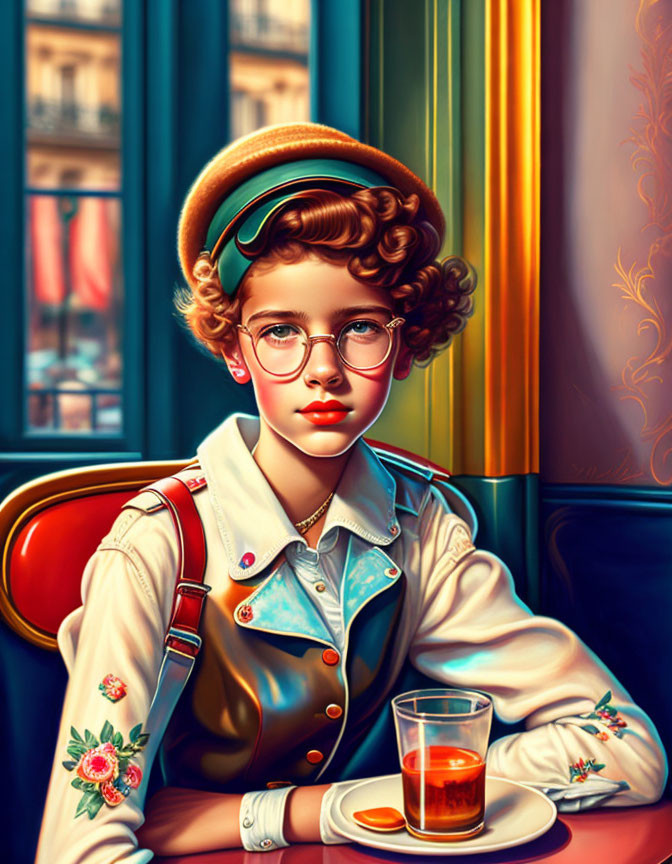 Colorful Stylized Illustration of Young Girl with Curly Hair and Beret sitting at Retro