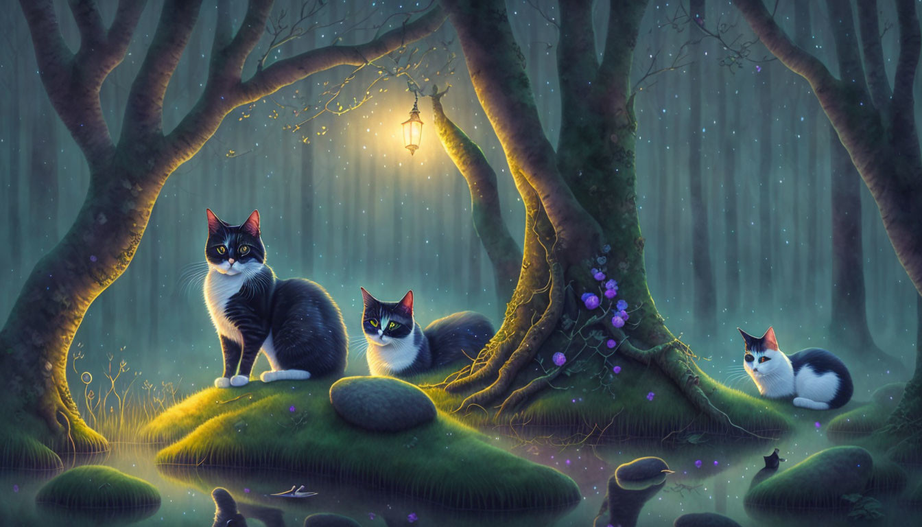 Three cats in mystical forest with glowing lantern