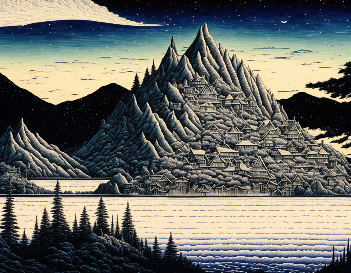 Stylized artwork of snowy mountain landscape with starry night sky