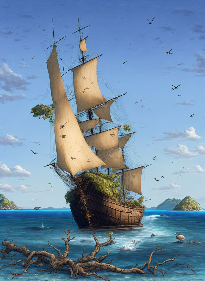 Sailing Ship with Trees, Birds, Islands, and Blue Sea