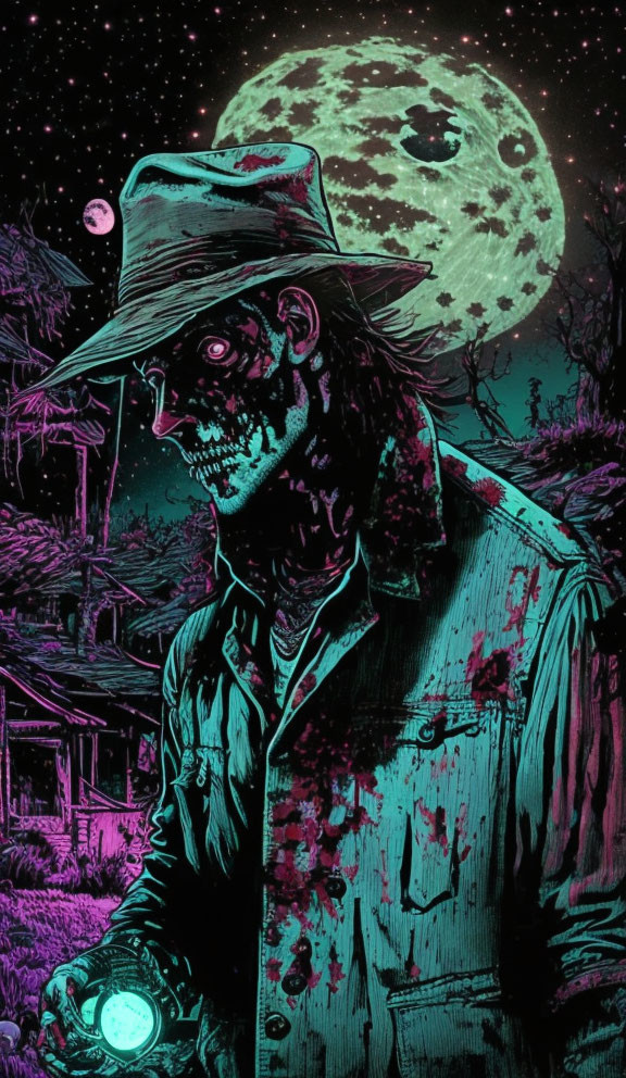 Glowing-eyed zombie cowboy in night landscape with full moon, cabin, and dark forest