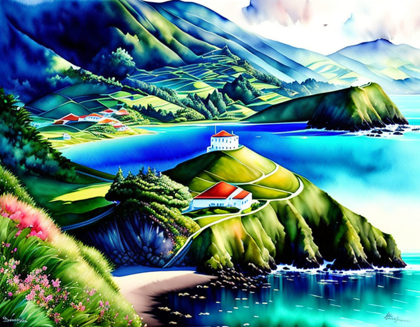 Colorful Coastal Landscape Painting with Green Hills and White House