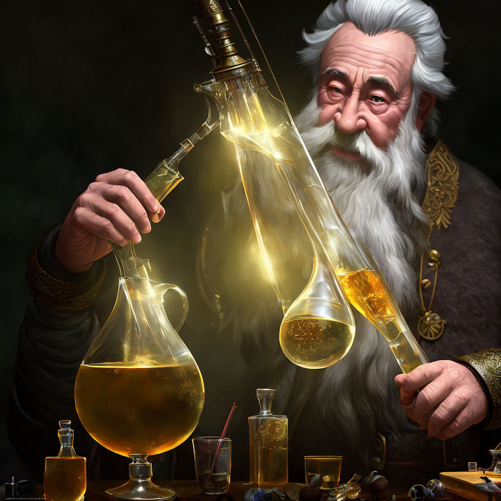 Elderly Alchemist Pouring Golden Liquid in Laboratory