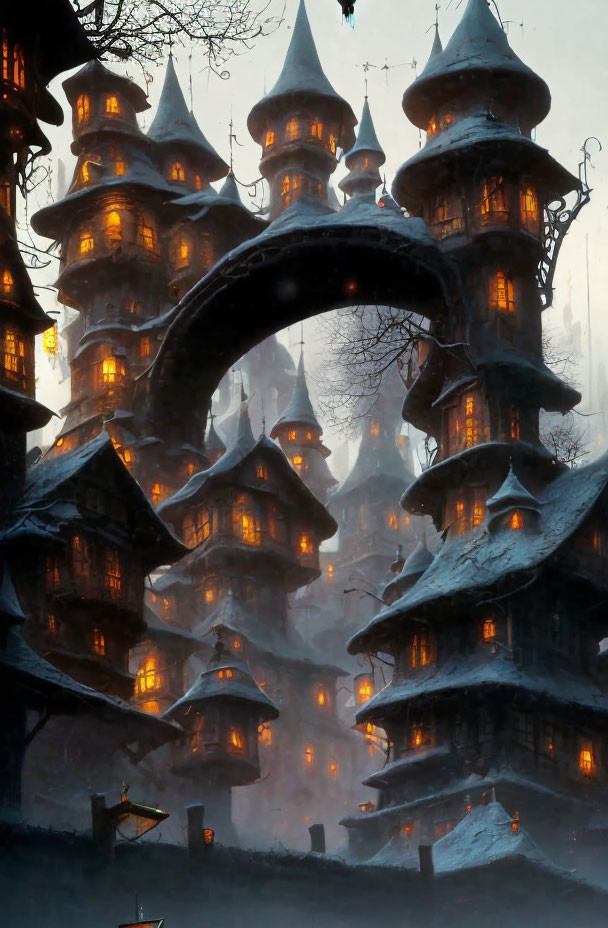 Snowy Scene with Whimsical Towers and Warm Lights at Dusk