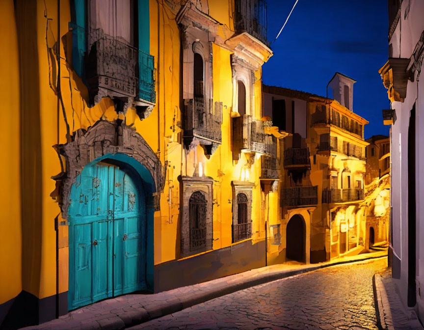 Historic cobblestone street with colorful buildings and blue door