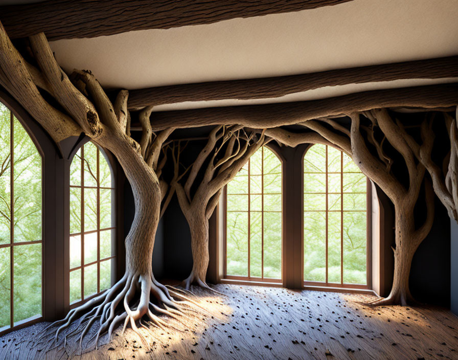 Naturalistic Design with Twisted Tree Trunks, Large Windows, and Leaf-Scattered Wooden Floor