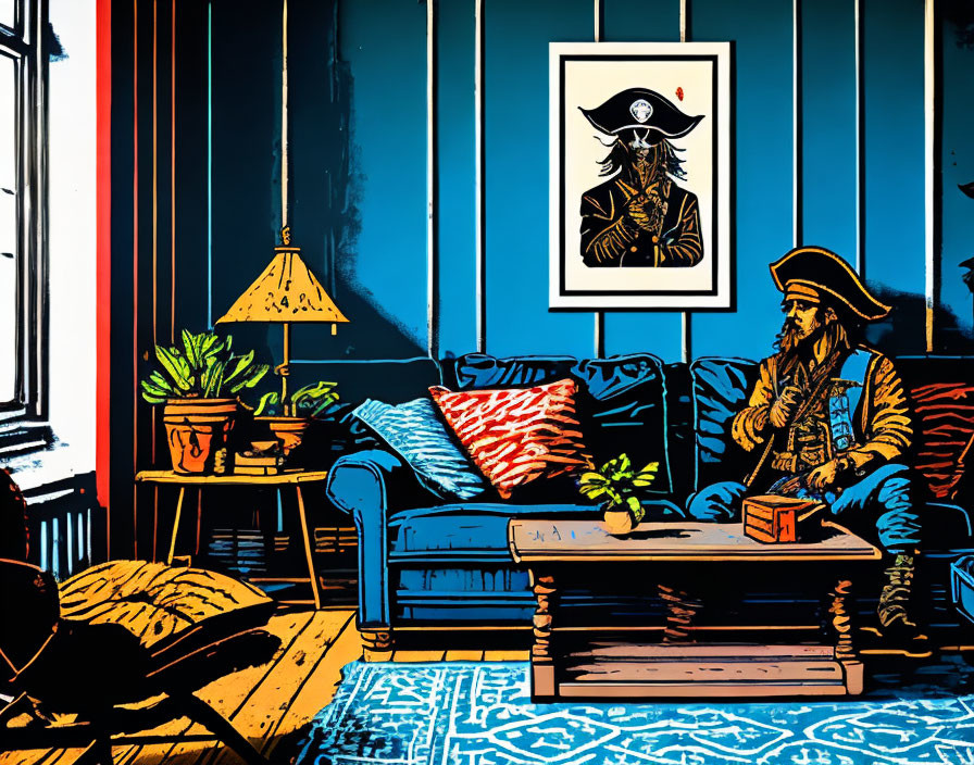 Detailed living room illustration with blue sofa, plants, wooden table, floor lamp, pirate-themed artwork.