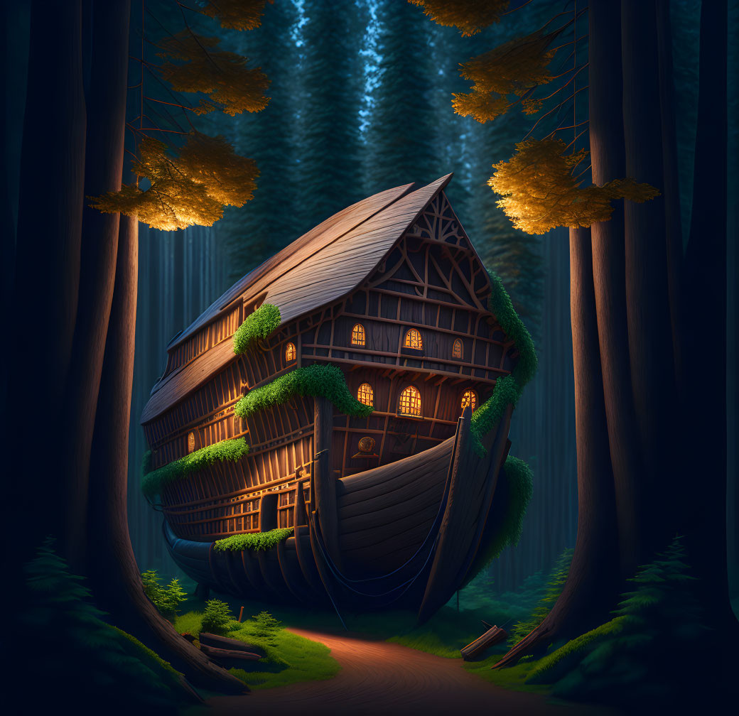 Boat-shaped house in dark forest with glowing windows