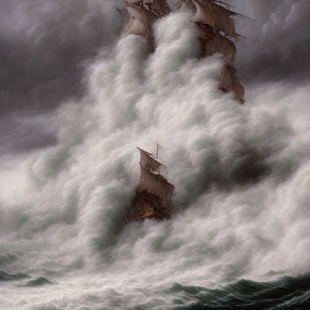 Two Tall Ships Battling Massive Waves in Stormy Sky