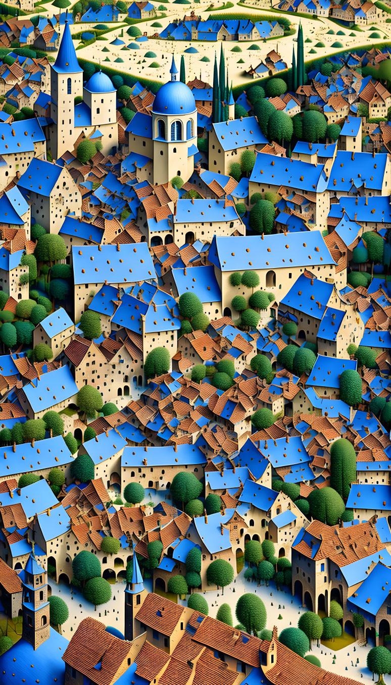 Vibrant illustration of European town with blue-roofed buildings