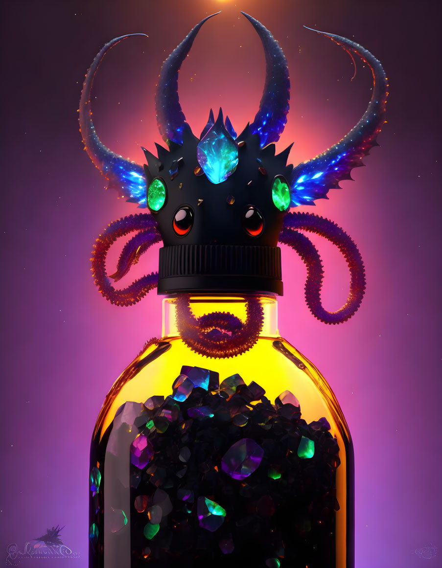 Illustration of glowing crystal-filled bottle with creature-like cap