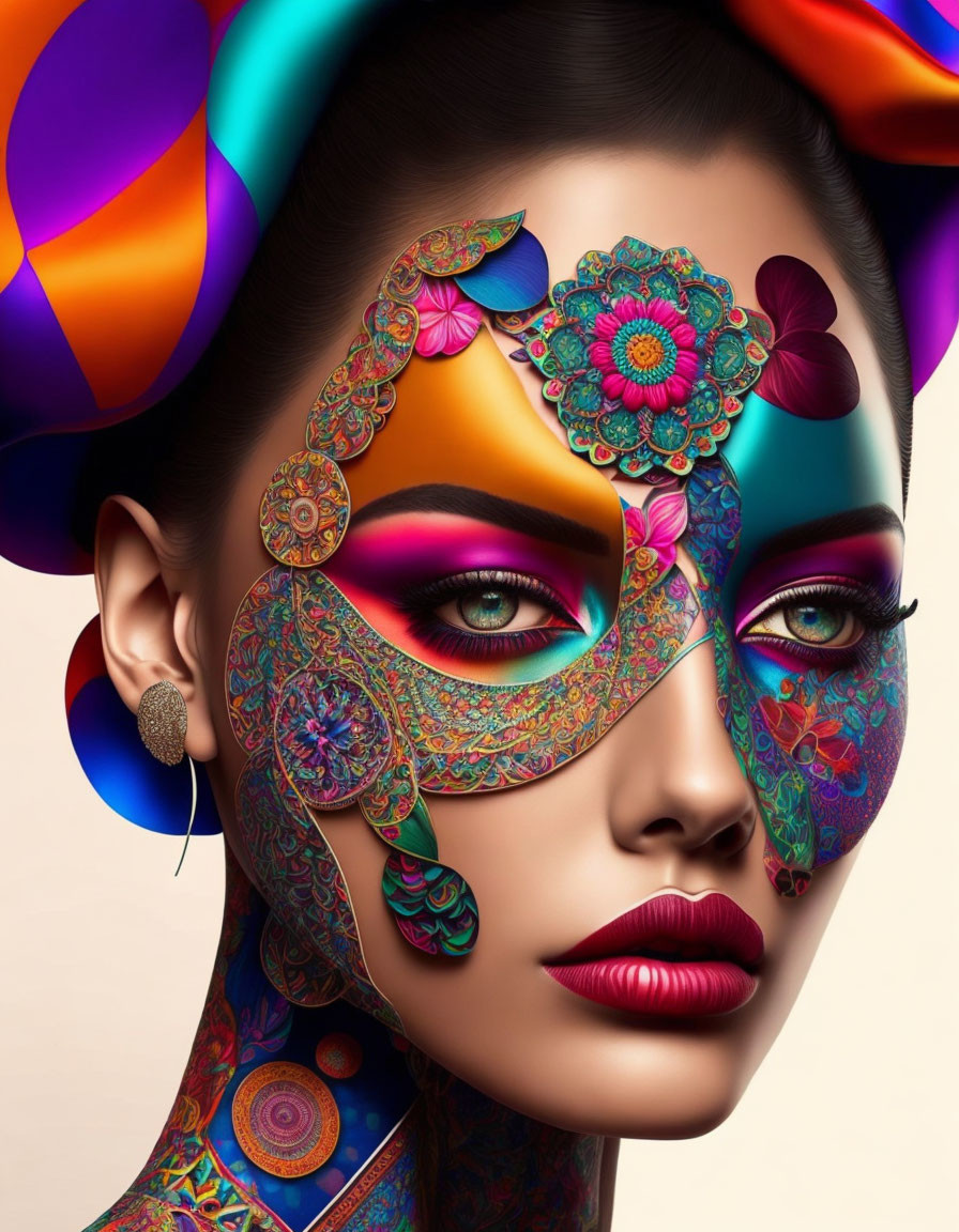 Vibrant Artistic Makeup with Colorful Patterns and Headpiece