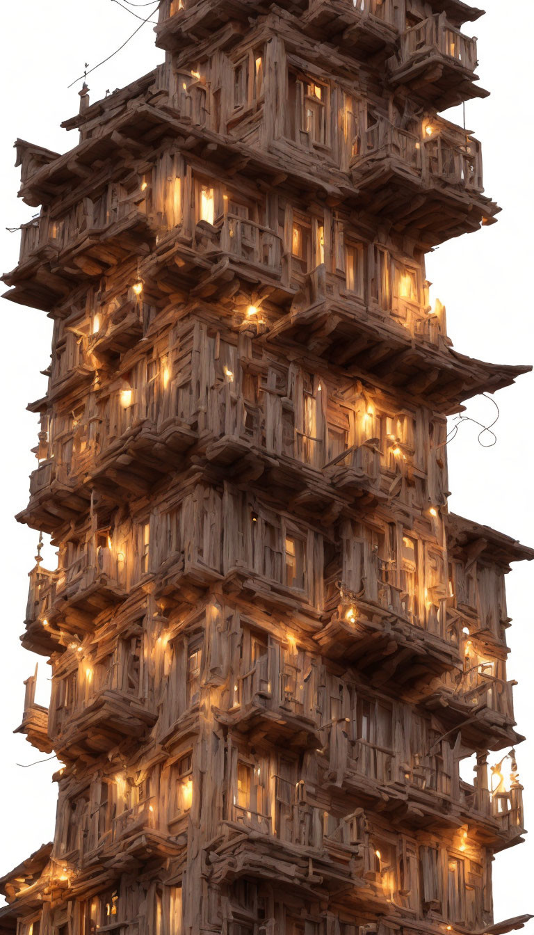 Intricate wooden tower structure illuminated in dusky sky