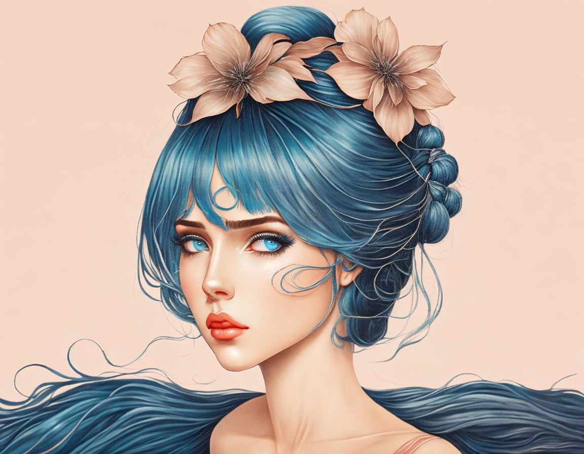 Detailed Illustration of Woman with Blue Hair and Flower Adornments