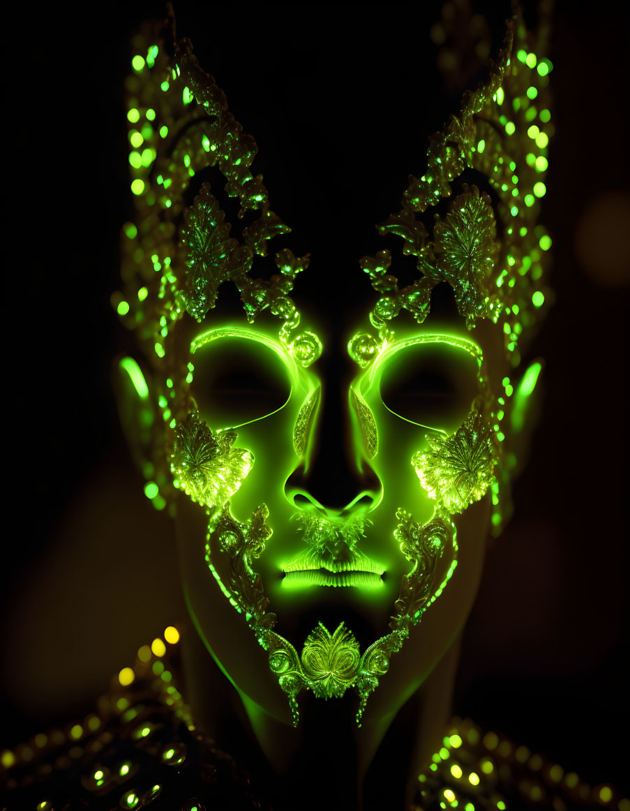 Intricate Green Mask with Glowing Patterns on Dark Background