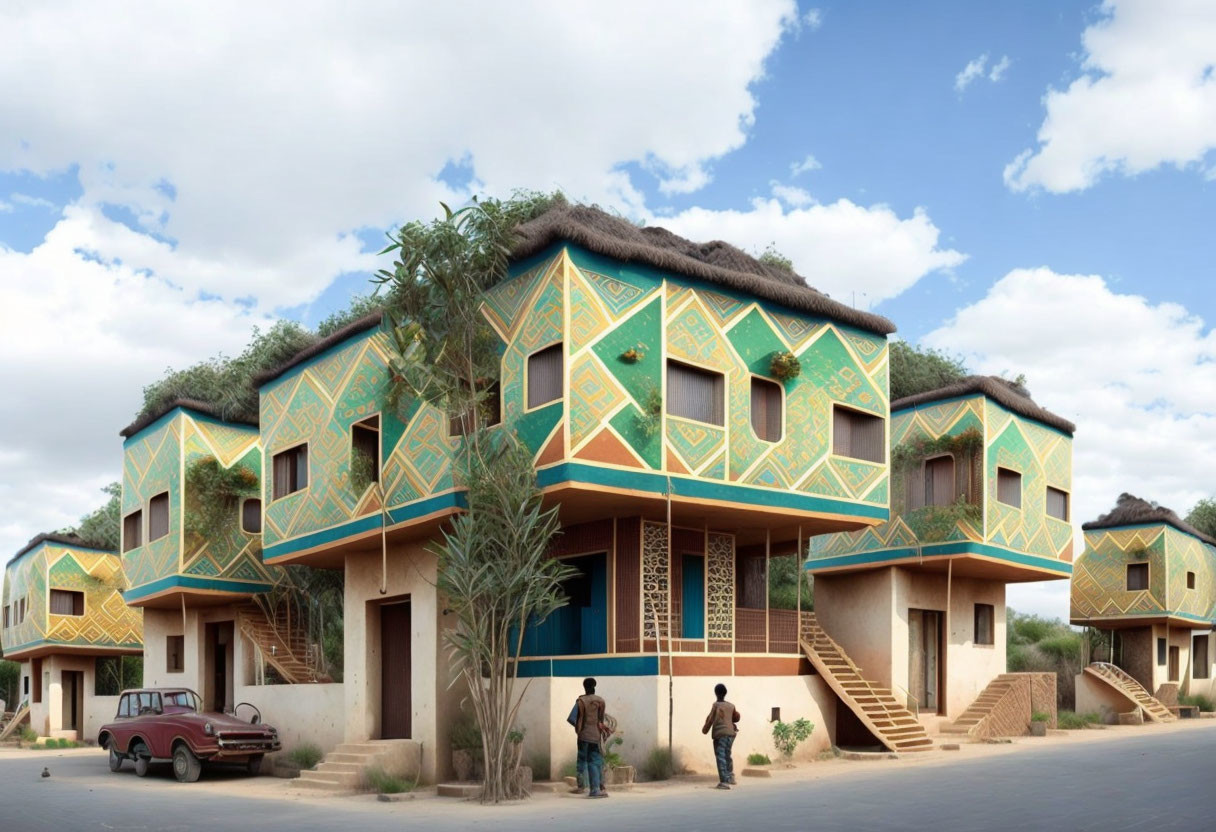 Vibrant, geometric two-story buildings with thatched roofs and balconies; people and old car