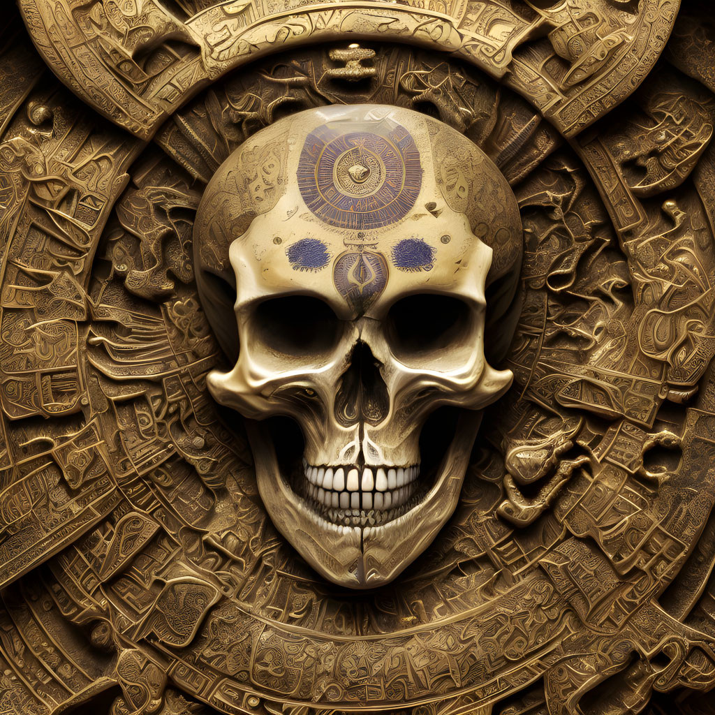 Intricately carved skull on textured circular backdrop