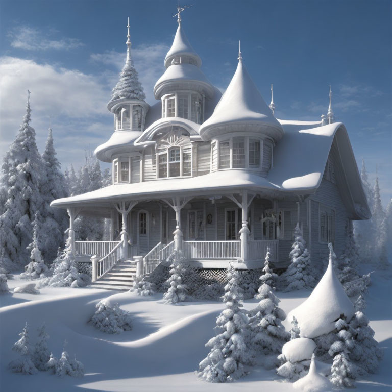 Victorian-style house in snow with frosty trees and blue sky