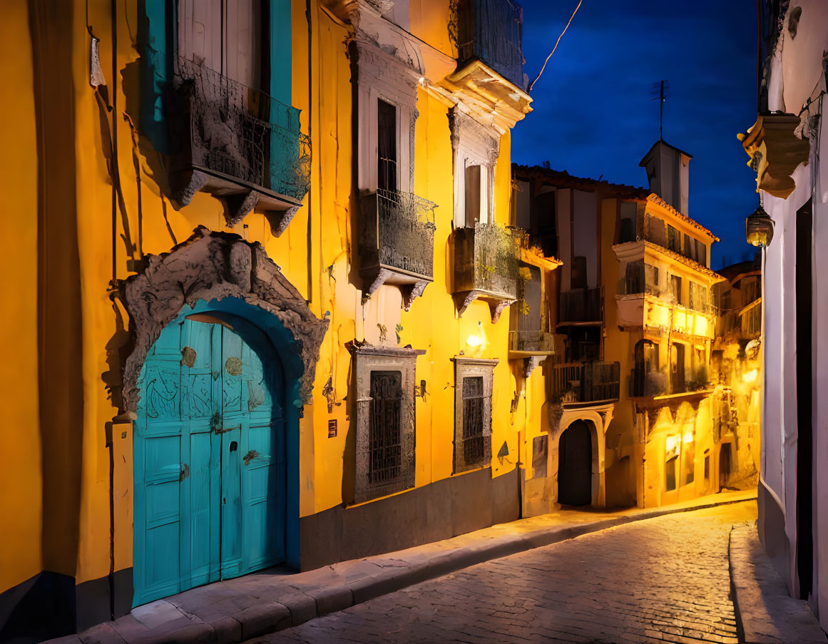 Twilight cobblestone street with colorful old buildings and blue doorway