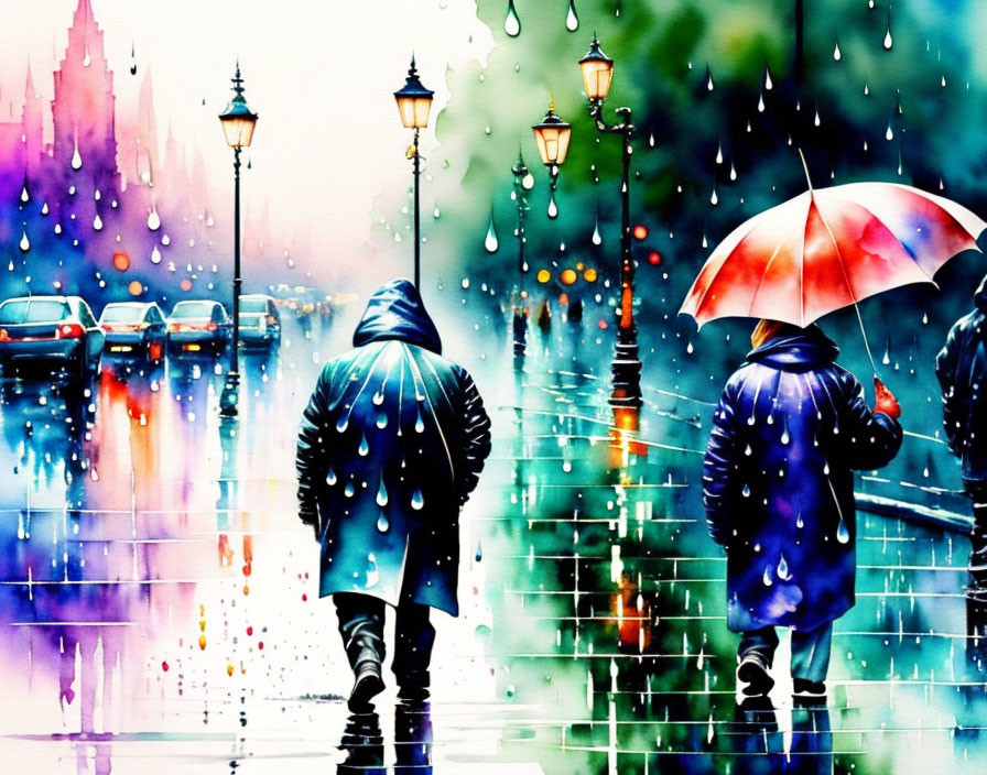 People with umbrellas on colorful rainy city street with lamp posts and bridge