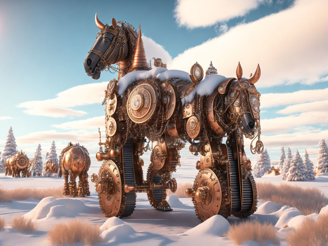 Steampunk mechanical horse in snowy landscape with trees & creatures