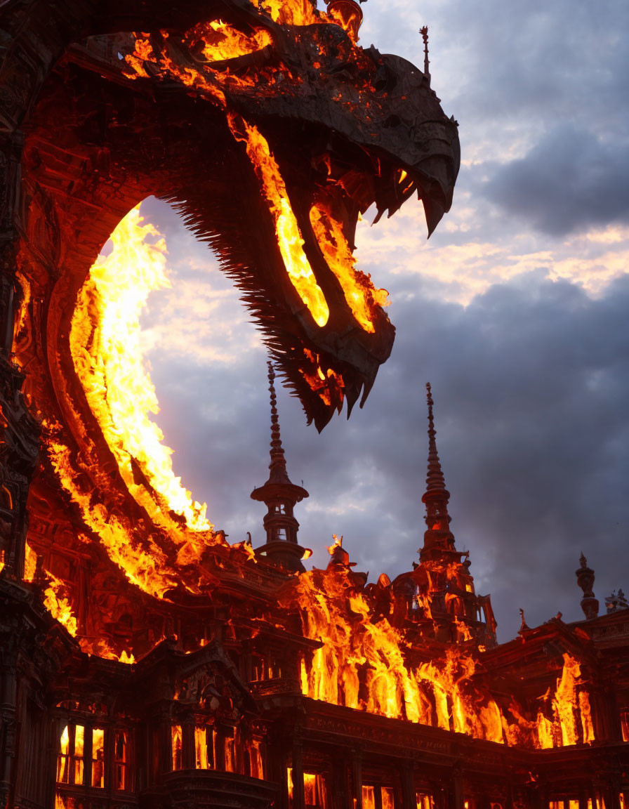 Dragon sculpture overlooking gothic building at sunset