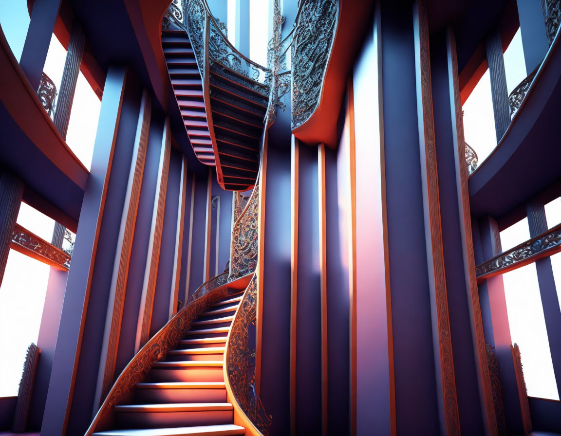 Digital image of grand staircase with ornate patterns and blue pillars