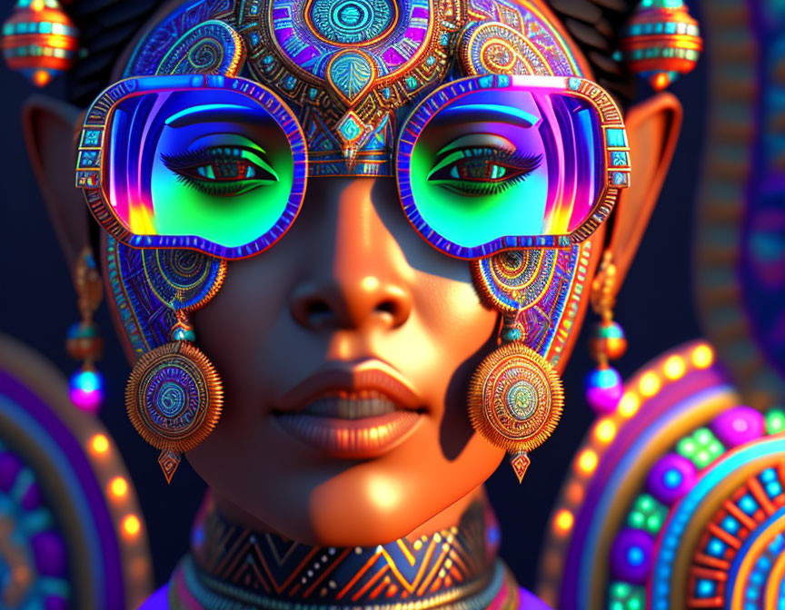 Colorful digital art: Woman with tribal patterns, futuristic glasses, and ornate earrings on blue backdrop