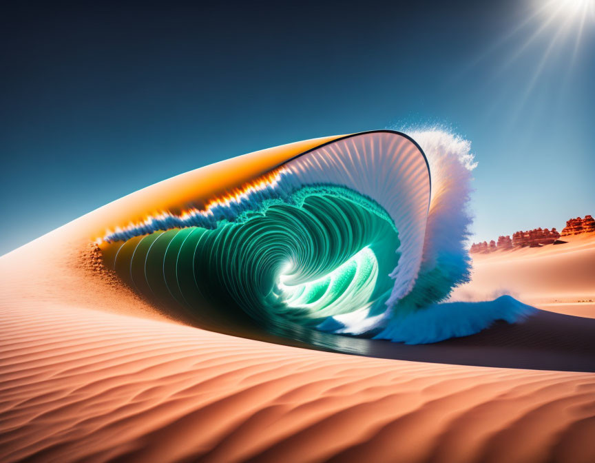 Surreal desert dune illusion: frozen wave in blue sky