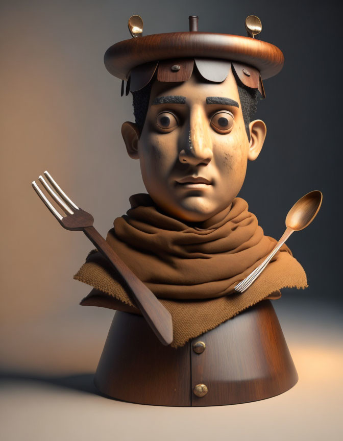 Wooden body character with human-like face in scarf holding fork and spoon