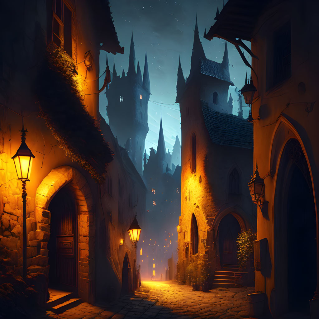 Medieval village at night with glowing street lamps and dark castles