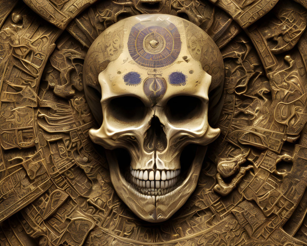 Intricately carved skull on textured circular backdrop