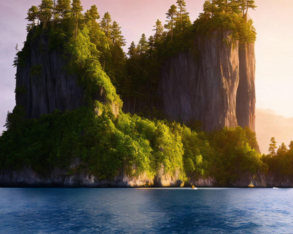 Tranquil Seascape with Towering Cliff and Sunset Glow