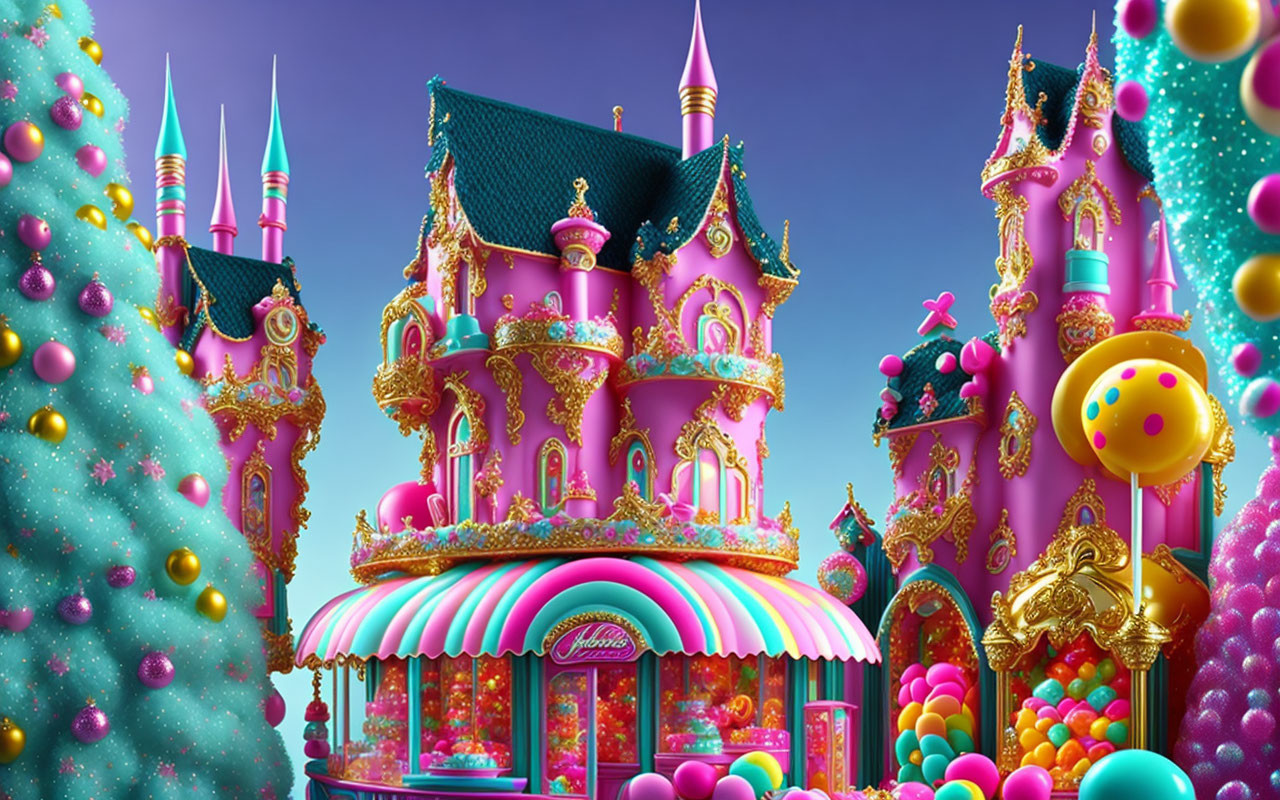 Colorful Candy-Themed Castle Surrounded by Vibrant Trees