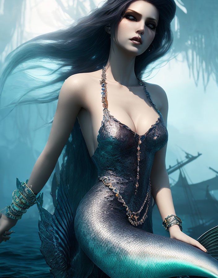 Mermaid with long hair and teal tail in underwater shipwreck scene