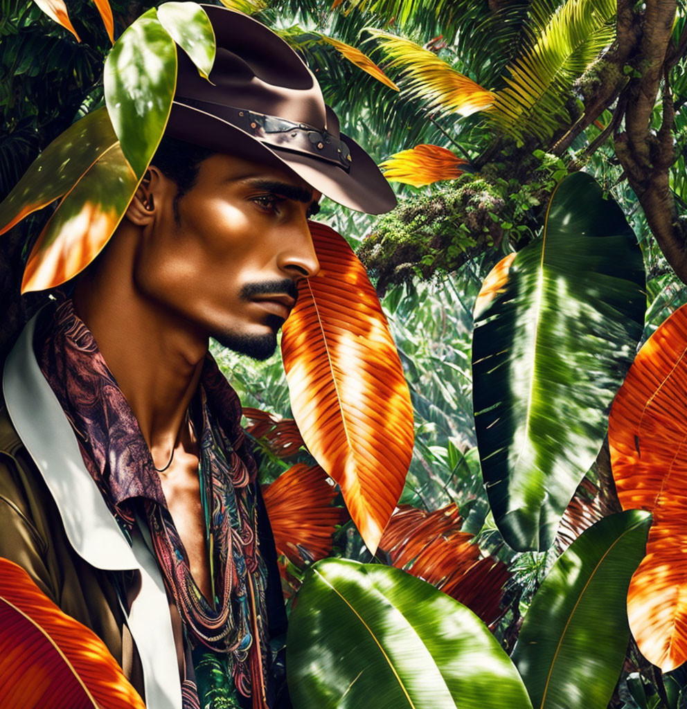 Man with Mustache in Leather Hat Against Tropical Foliage